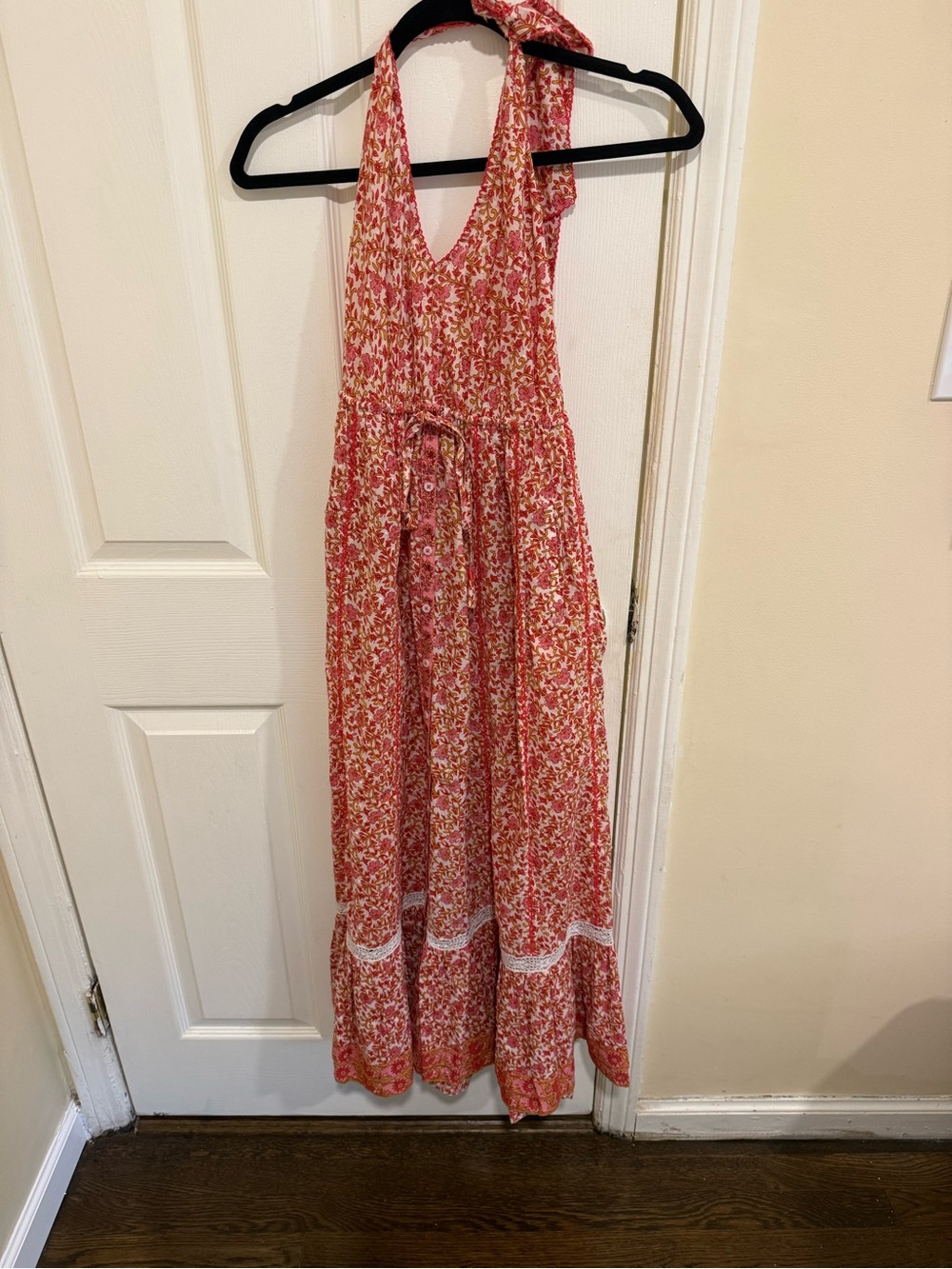 Poupette St Barth Pink Floral Maxi Dress Tie Waist Resort
